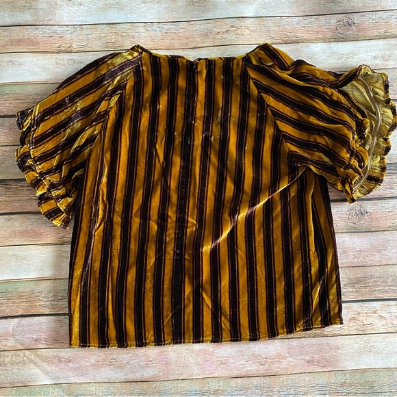 NWT Madewell Memento Gold & Brown Stripe Velvet Ruffle Blouse Small - Picture 3 of 6